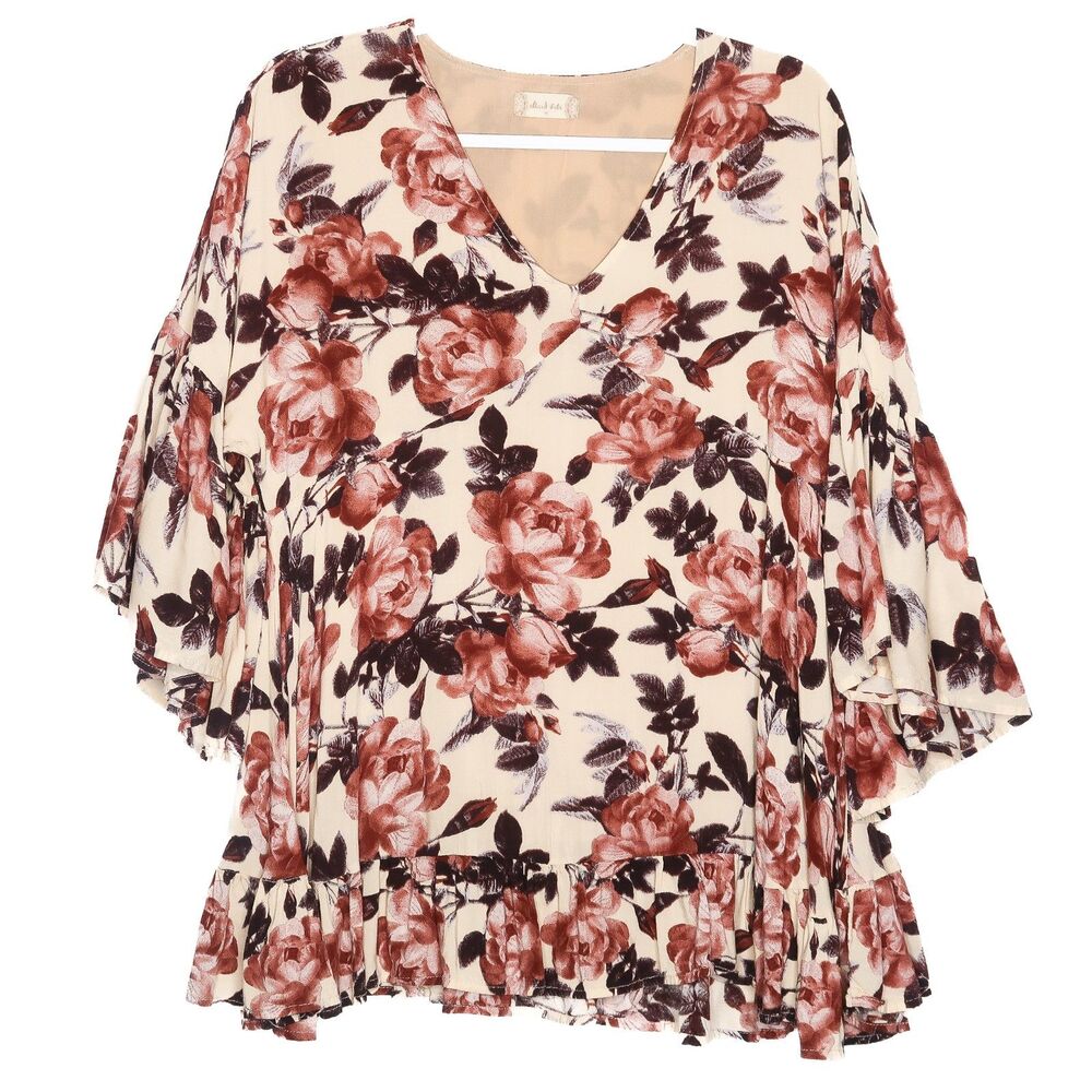 Altar'd State Blouse Size Medium Flowy 3/4 Bell Sleeve Floral Roses Boho Chic